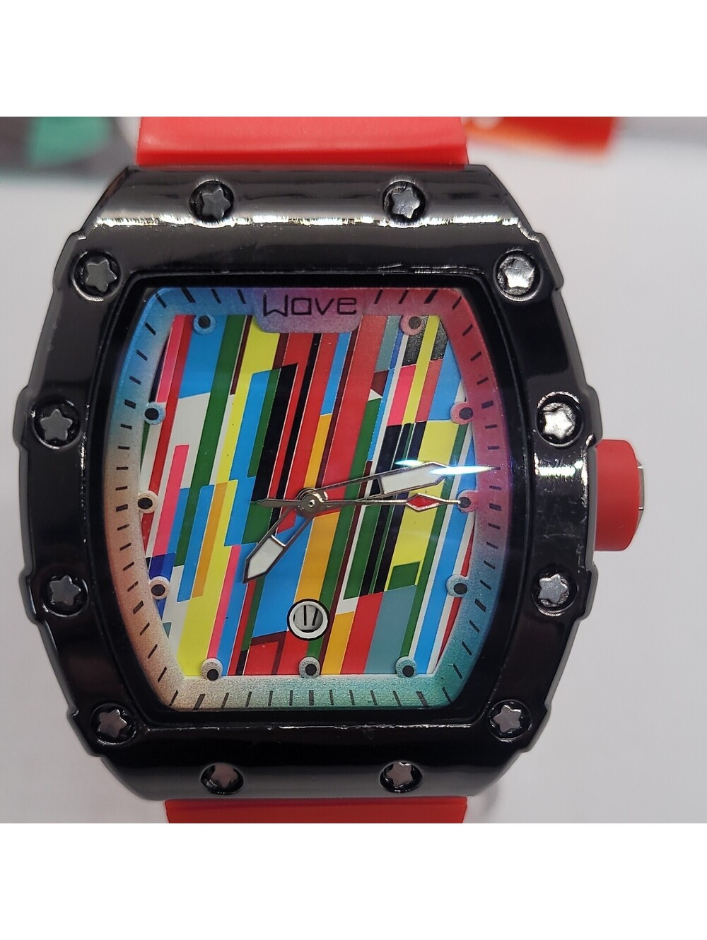 438 Wave Multicolor Dial Analog Red Silicone Strap Black Case Wristwatch